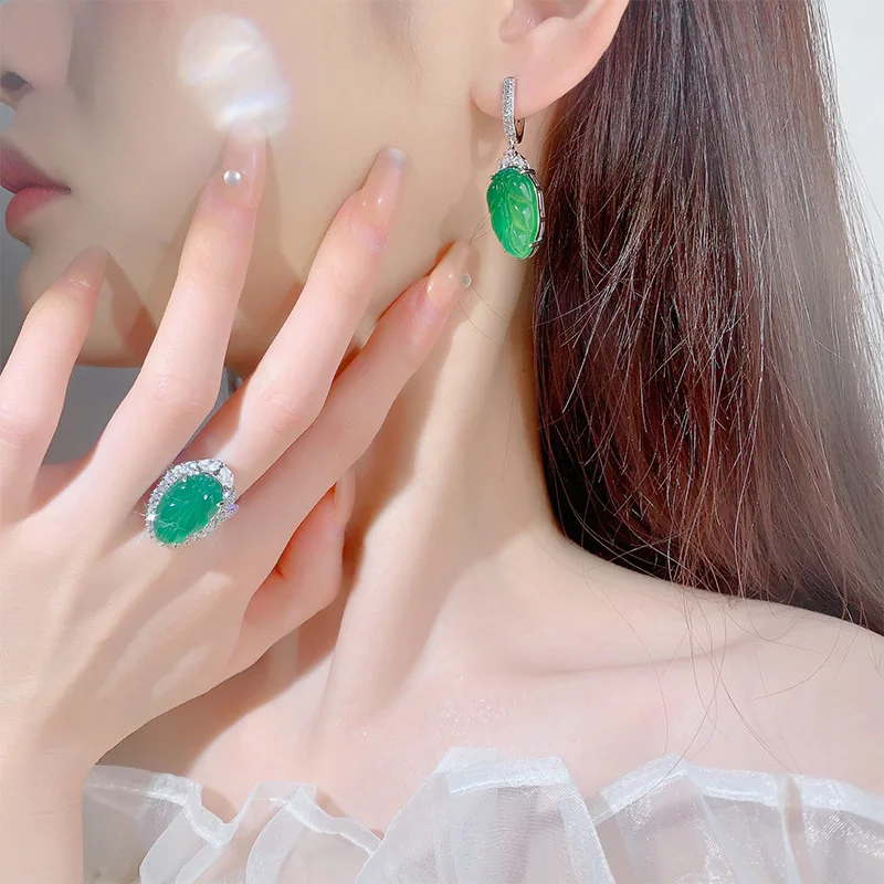 Fashion Elegant Green Jade Leaf Jewelry Includes Adjustable Ring and Earring Perfect for Special Occasions and Gift Giving Women