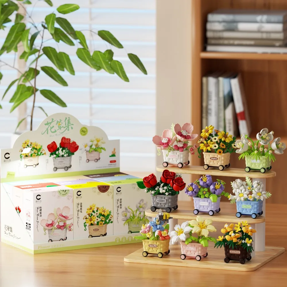 Preserved Flower Building Blocks Set DIY Assembly Rose Sunflower Model Potted Plant Desktop Ornament Home Table Decor Art Gift