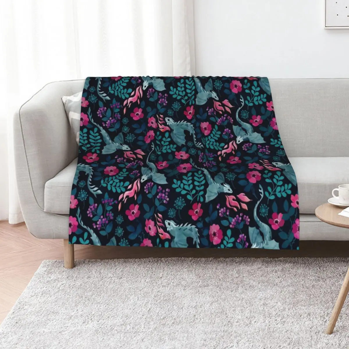 Dragons floral in dark jewel tones Throw Blanket sofa bed Soft Beds Plush Thins Moving for winter Blankets