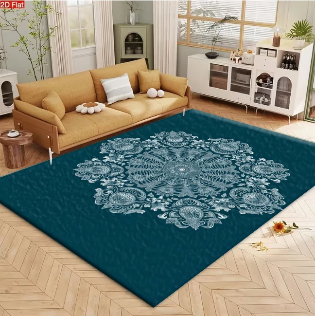 Teal Background White Luxury Floral Mandala carpet flooring, Exquisite Symmetrical Vintage Medallion Area Rug for Living Room Bedroom Home Decor