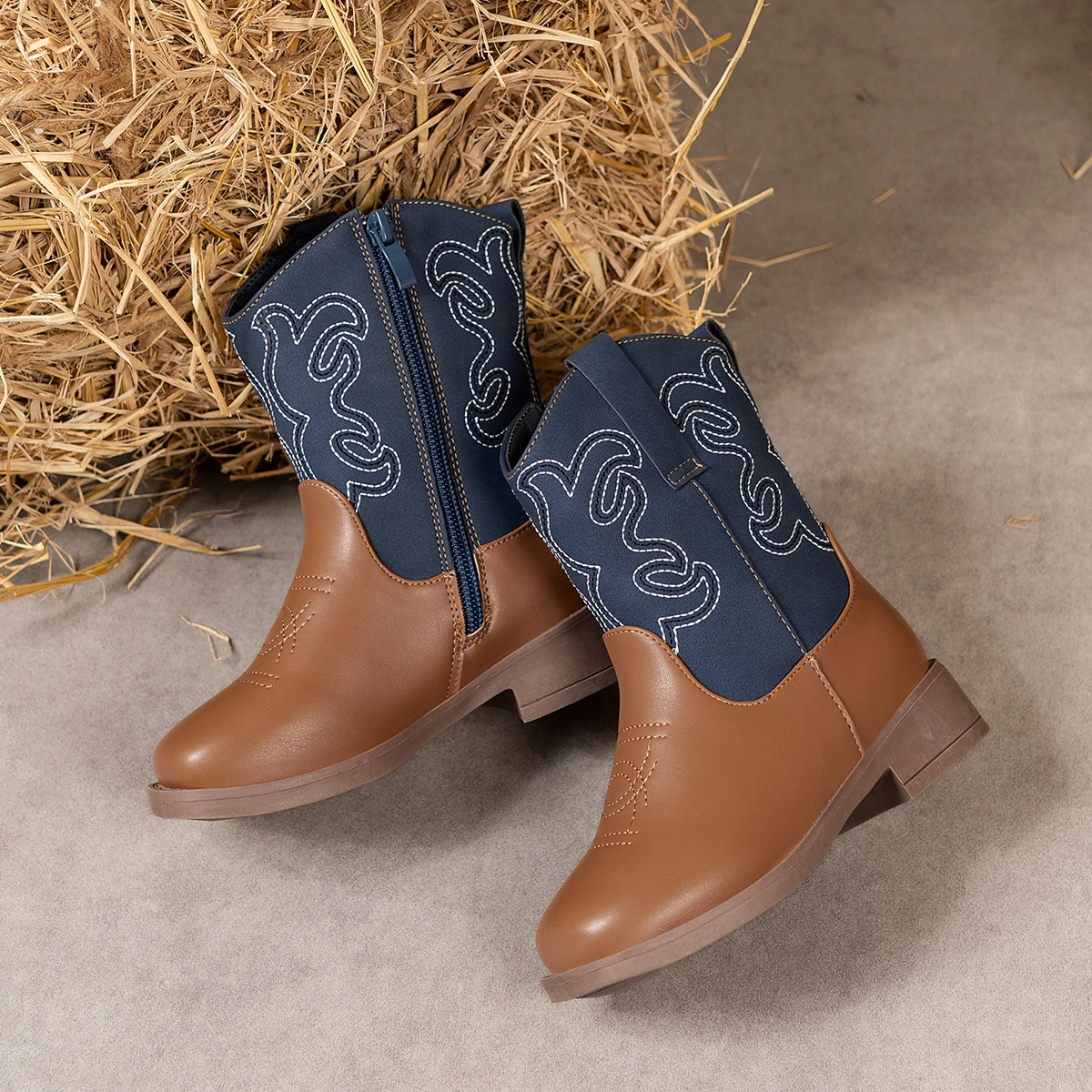 Children's Classic Western Cowboy PU Leather Boots Embroidery Girls Mid-Calf Booties Kids Soft Sole Retro Princess Boots