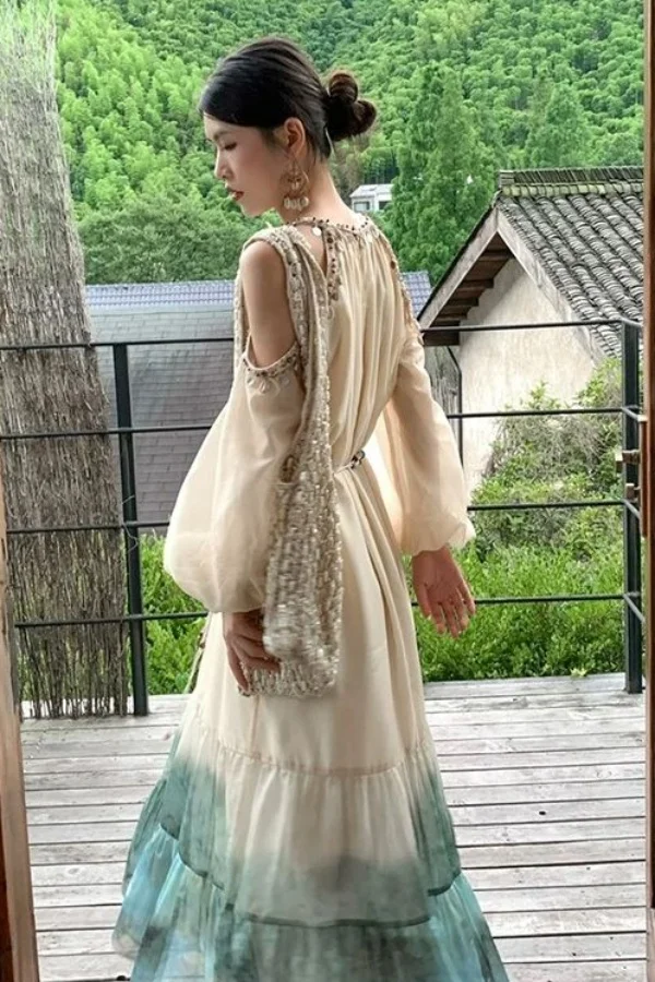 

Spring New Korean Fashion Bohemian Vacation Style Slimming Shell Off Shoulder Vintage Dress Tie Dye A-line Long Dress for Women