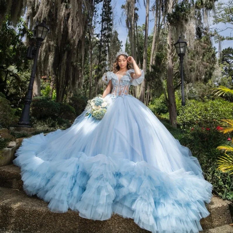 

Небесно-голубое платье Quinceanera с открытыми плечами, тюлевая наклейка, кружевное многослойное платье с 3D цветком, платья de 15, Quinceanera ﻿ Индивидуальный