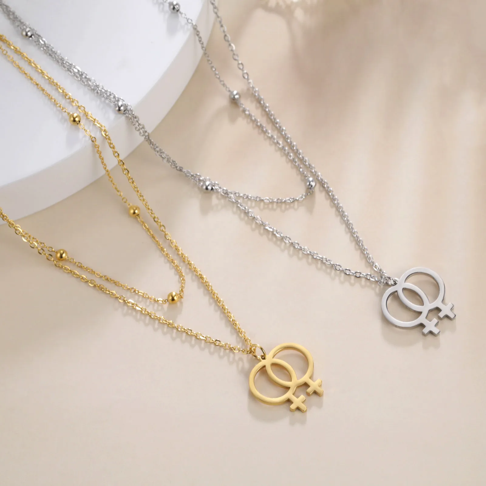 Double Female Symbol Pendant Choker Stainless Steel Double Layer Necklace for Women 2022 New Fashion Jewelry Birthday Gift