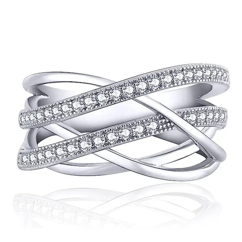 Anillo de Plata Huitan con Múltiples Cruces y Cristales Brillantes CZ, Anillo Moderno para Mujer, Uso Diario, Joyería para Fiestas