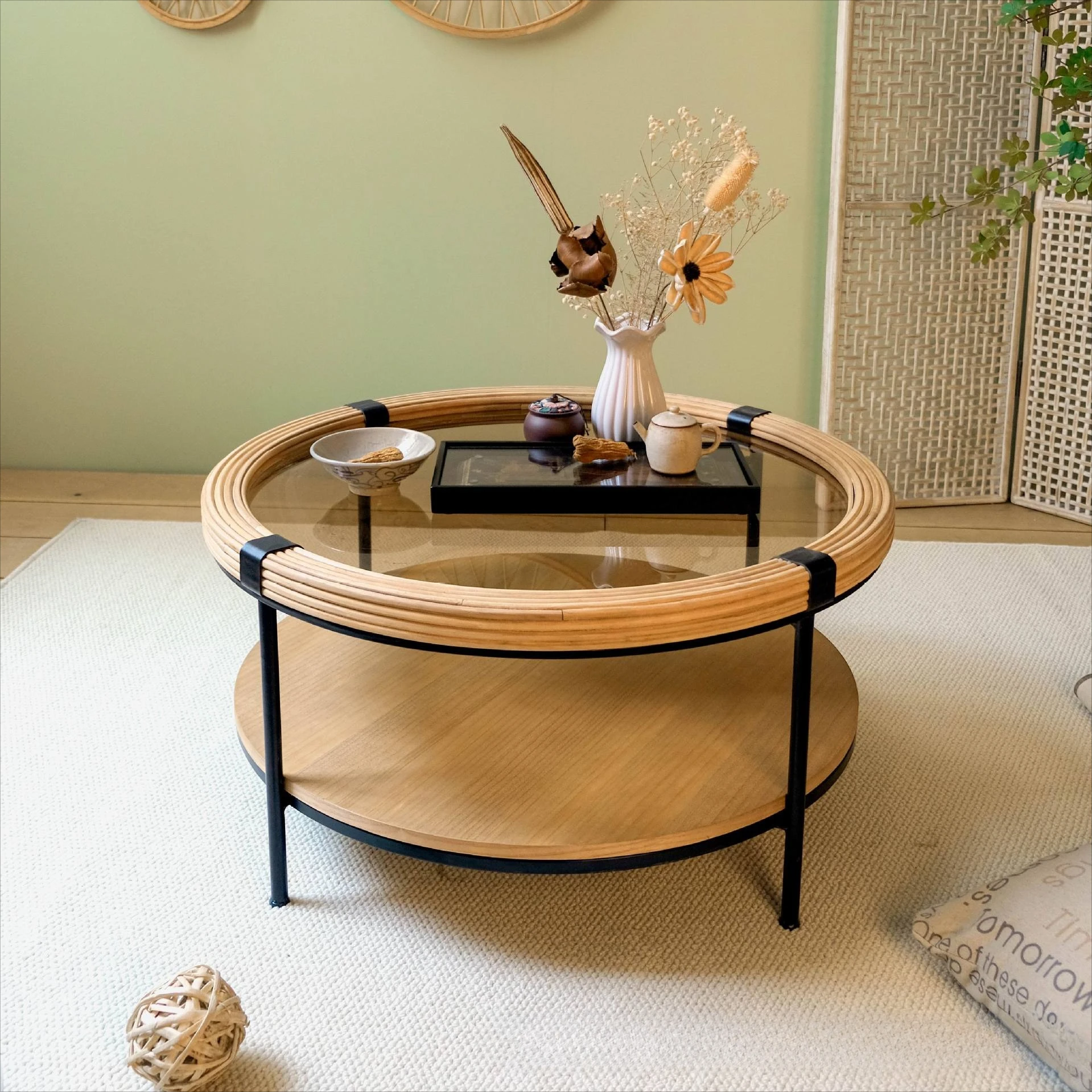 Wabi-sabi retro style, household living room small apartment solid wood coffee table, tempered glass hotel side table, log style