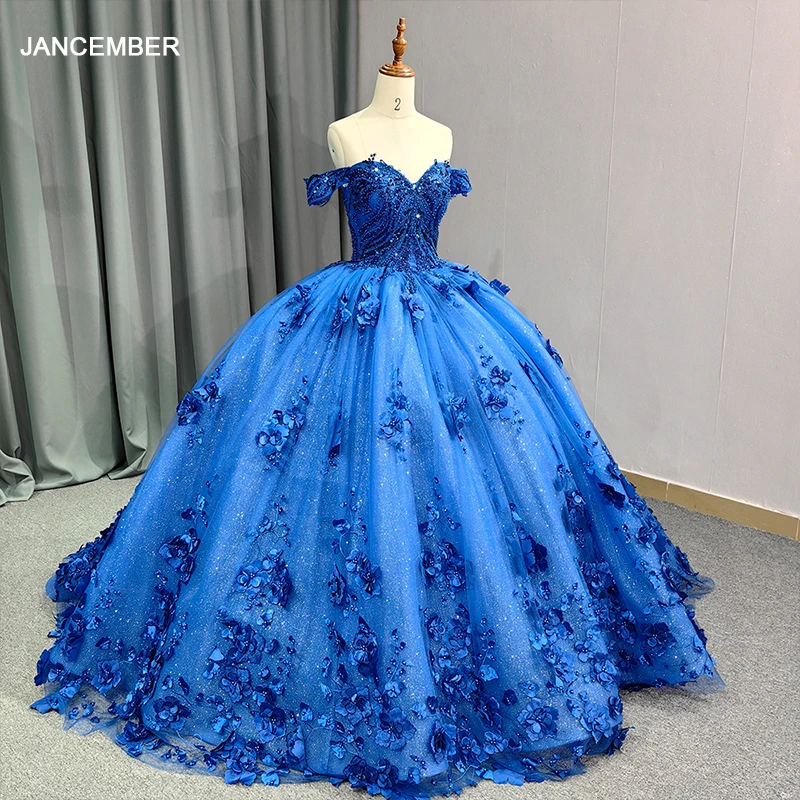 Romantic Lake blue Off Shoulder Ball Gown Quinceanera Dresses 3D Flowers Tulle Sweet 16 Party Gown 9963