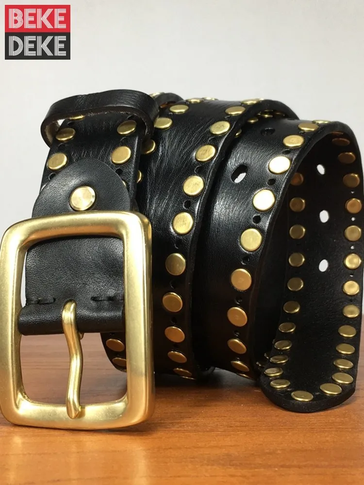 Fashion Mens Copper Pin Buckle Cowhide Genuine Leather Belt Punk Style Rivets Studded Strap For Pants Motorcycle Waistband