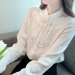 New Chinese Style Women's Clothing with Chinese Style Button Down Shirt Long Sleeved with Velvet Shirt Design High-end Retro