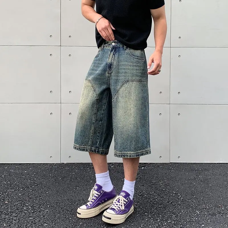 New High-end Denim Shorts for Men Y2K Spring Summer Loose Versatile Trendy Brand Casual Denim Shorts High Street Wide Leg Jeans