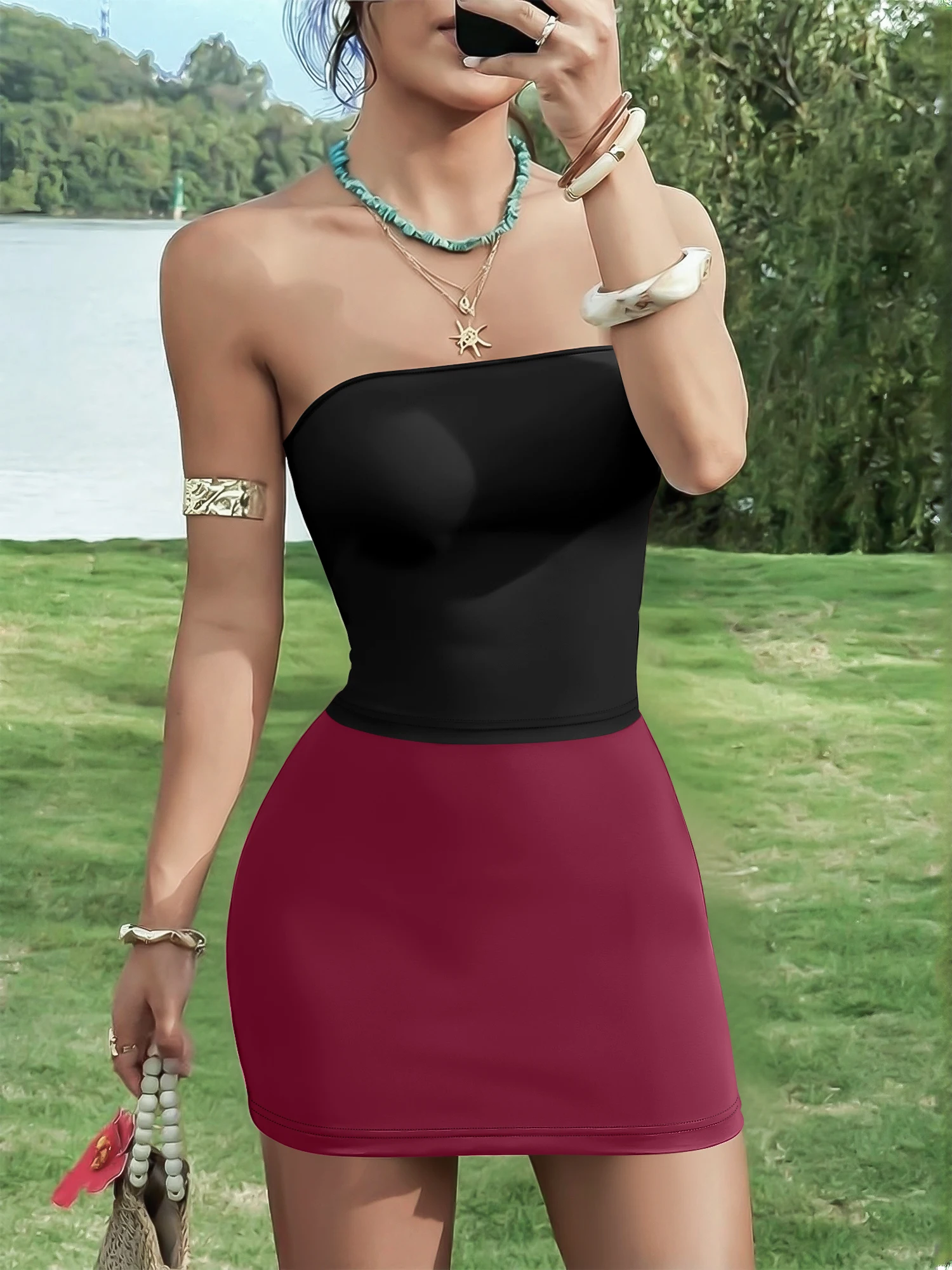 Form-Fitting Strapless Two Piece Suit, Mini Skirt Set for Summer Social Occasions