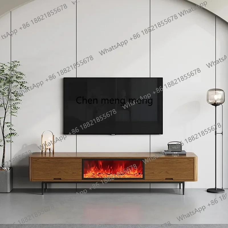 Walnut retro style embedded fireplace floor TV cabinet simulated flame decorative floor cabinet