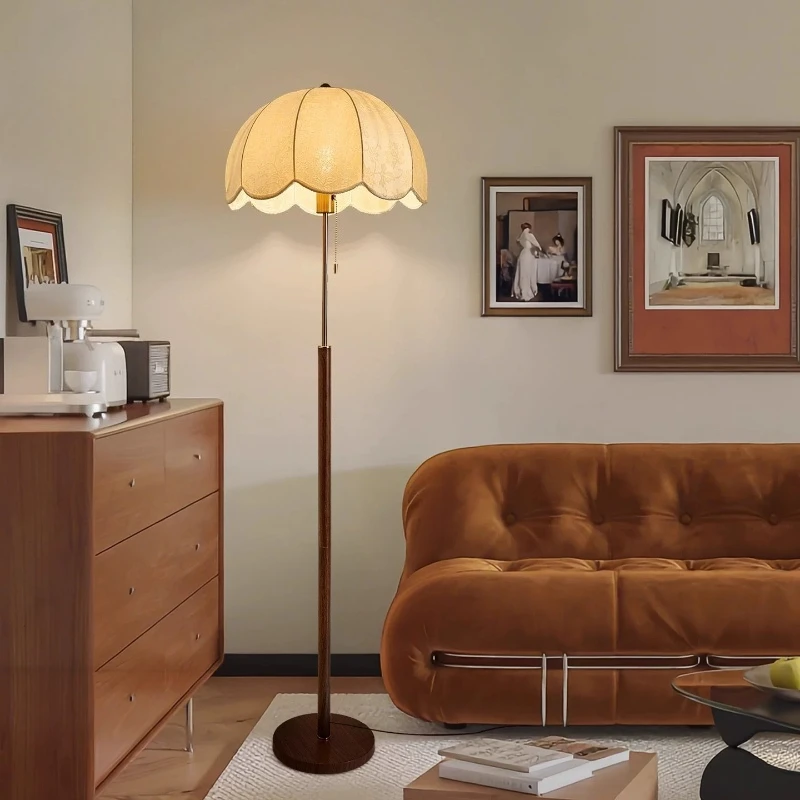Nordic Retro LED Floor Lamps Textile Crafts Lampshade Stand Lights Living Room Eye Protection Bedroom Illumination Reading Lamps