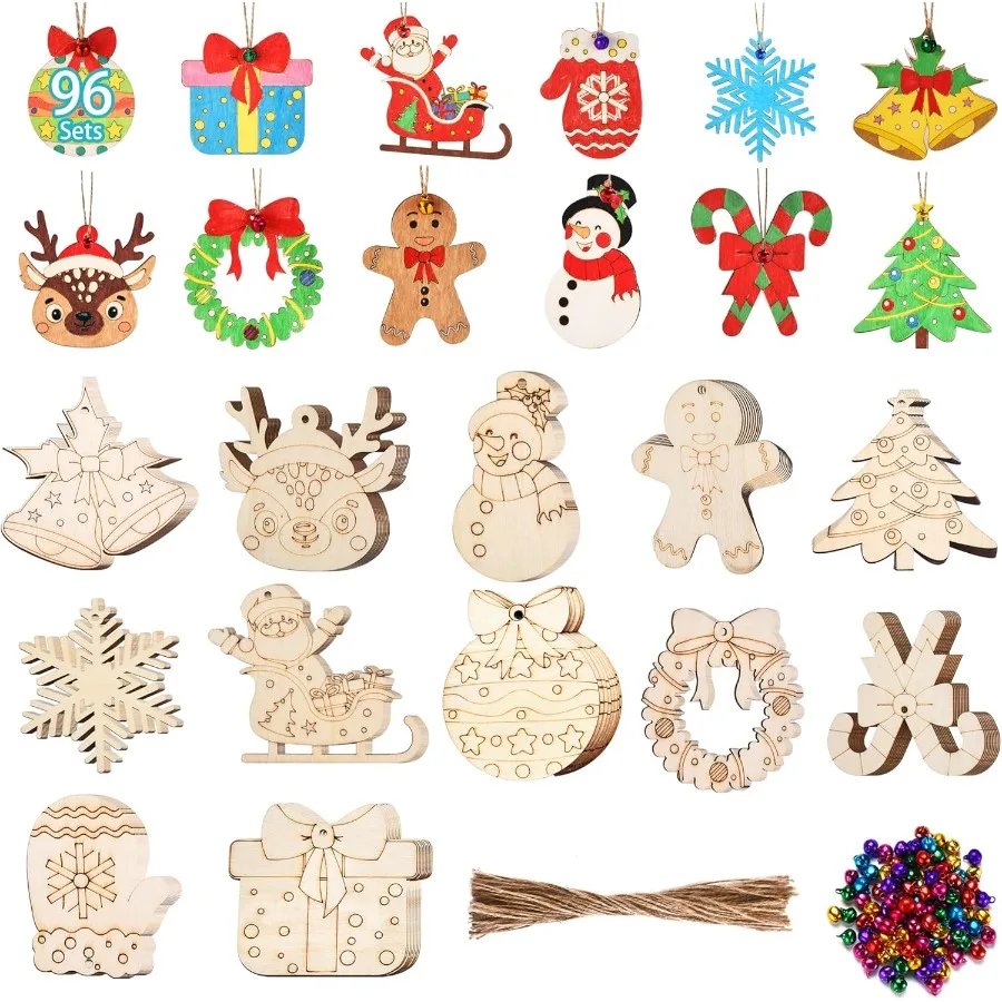 96 Pcs Wooden Christmas Ornaments Unfinished Wood Slices for DIY Art Craft 12 Unique Styles Wooden Christmas Tree Hanging Decor