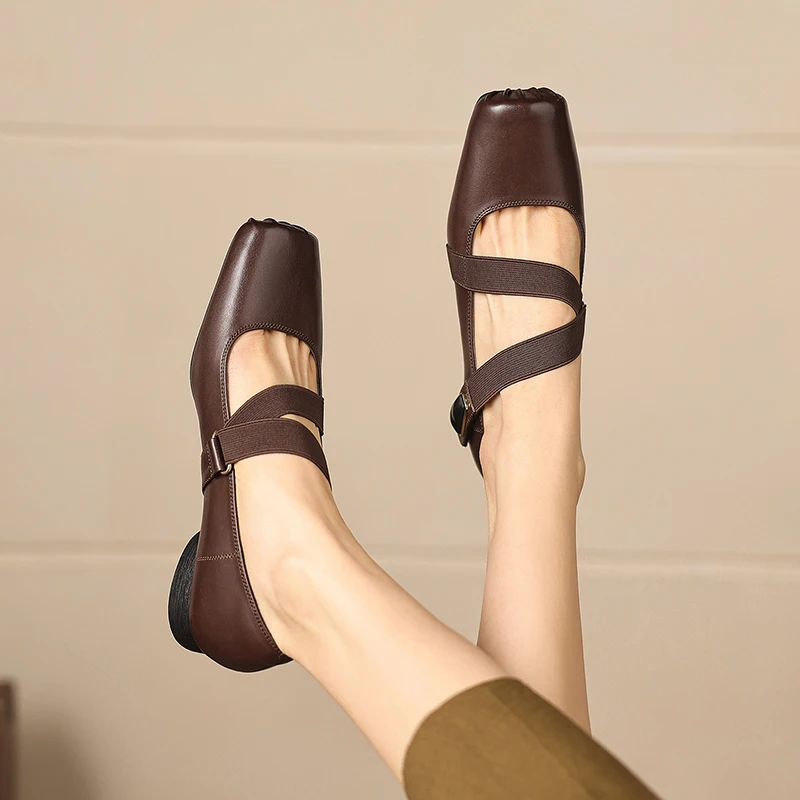 2026 new spring autumn women pumps natural leather 22-25cm washed cowhide+pigskin square toe cross-buckle mary janes women shoes