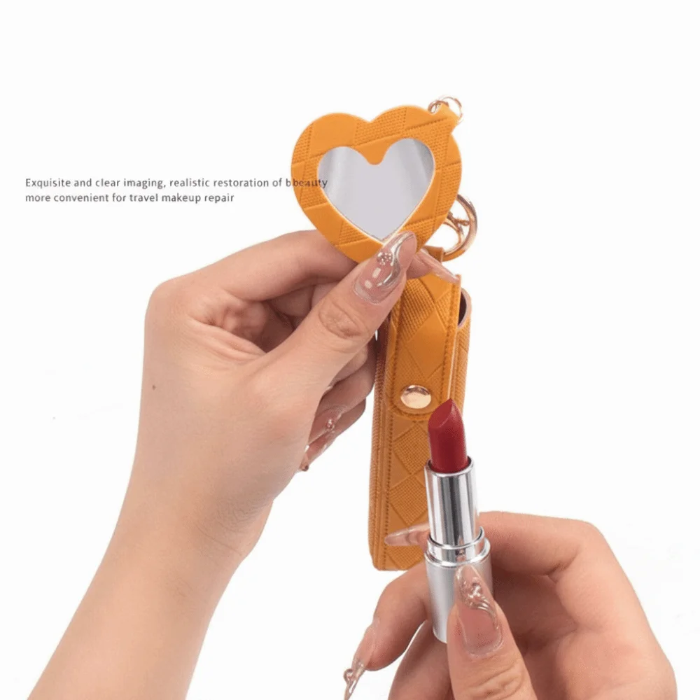 Portable Mini Lipstick Bag Keychain with Heart-shaped Mirror PU Leather Lipsticks Protective Cover Keychain Design Lip Balm Bag