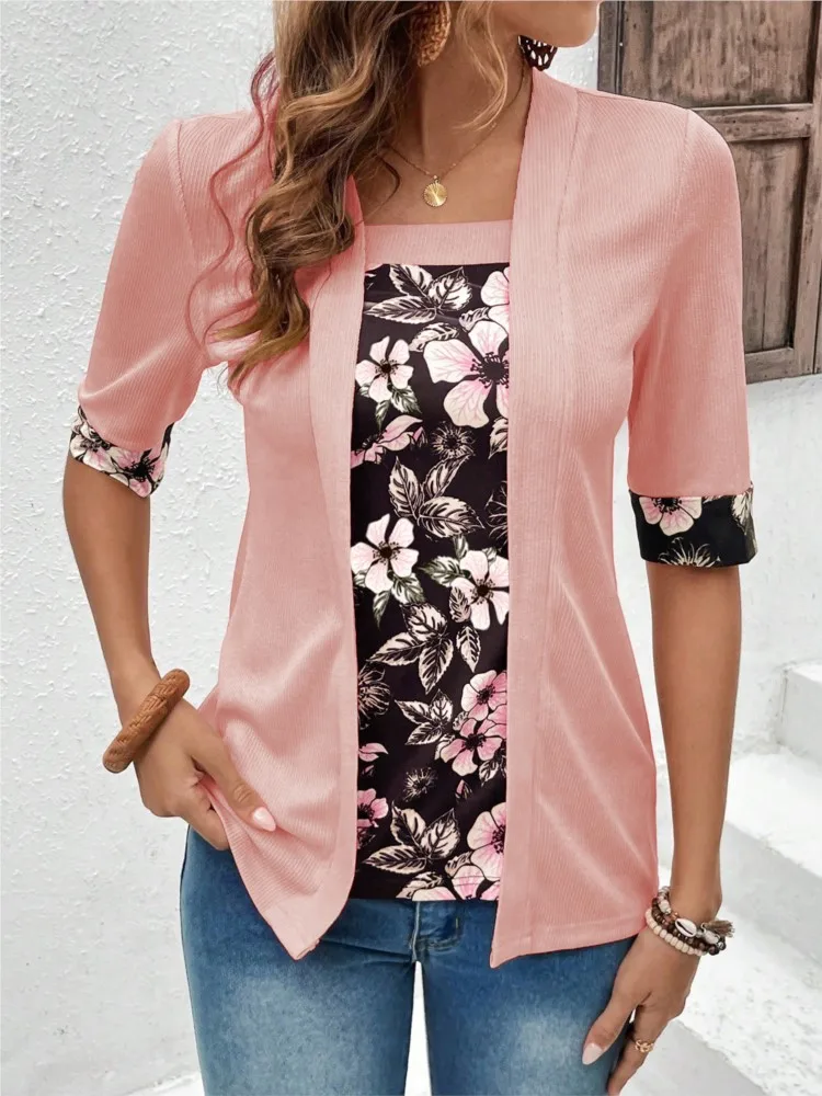 

2024 Spring Summer New Women's Fashion Fake Two Piece Five Sleeve Printed Splicing Women's Casual Loose Top T-shirt