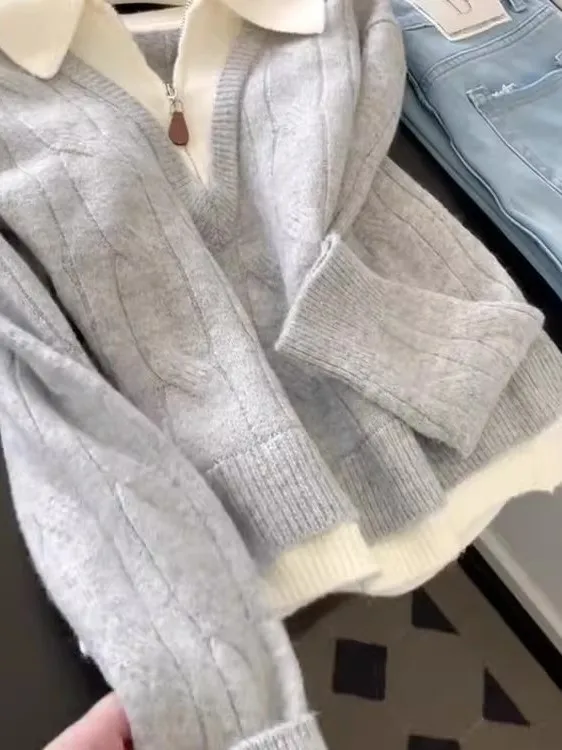 ay محبوك سترة مع f سستة المرأة Faion عادية فضفاضة تناسب الدافئة ملابس خارجية مباراة داخلية الخريف الشتاء الملابس #2