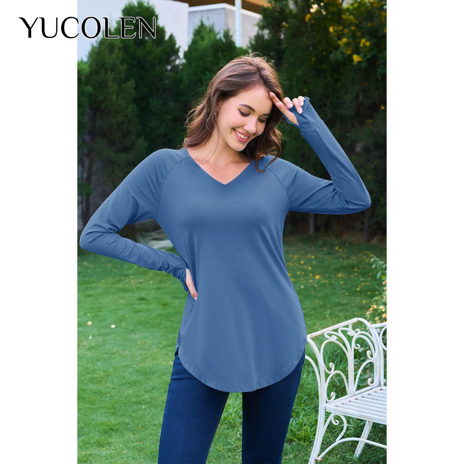 YUCOLEN Women V Neck Long Sleeve Tunic Top Raglan Sleeve Thumb Hole Curved Hem Side Slit Long Tshirt Casual Everyday Basic Blous