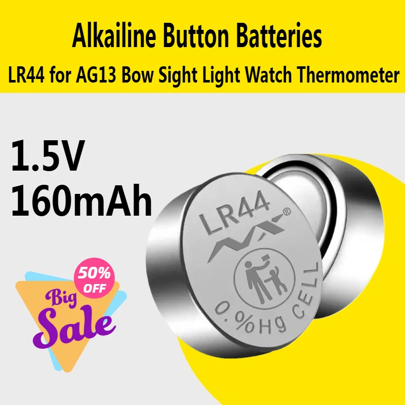 LR44 1.5V 160mAh Batteries for AG13 Bow Sight Light Watch Thermometer 1.5V Alkailine Button Batteries