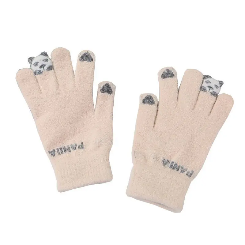 Women's Autumn Winter Warm Cycling Full Finger Gloves with Plush and Thickened Heart-Shaped Teddy Bear Touch Screen Gloves