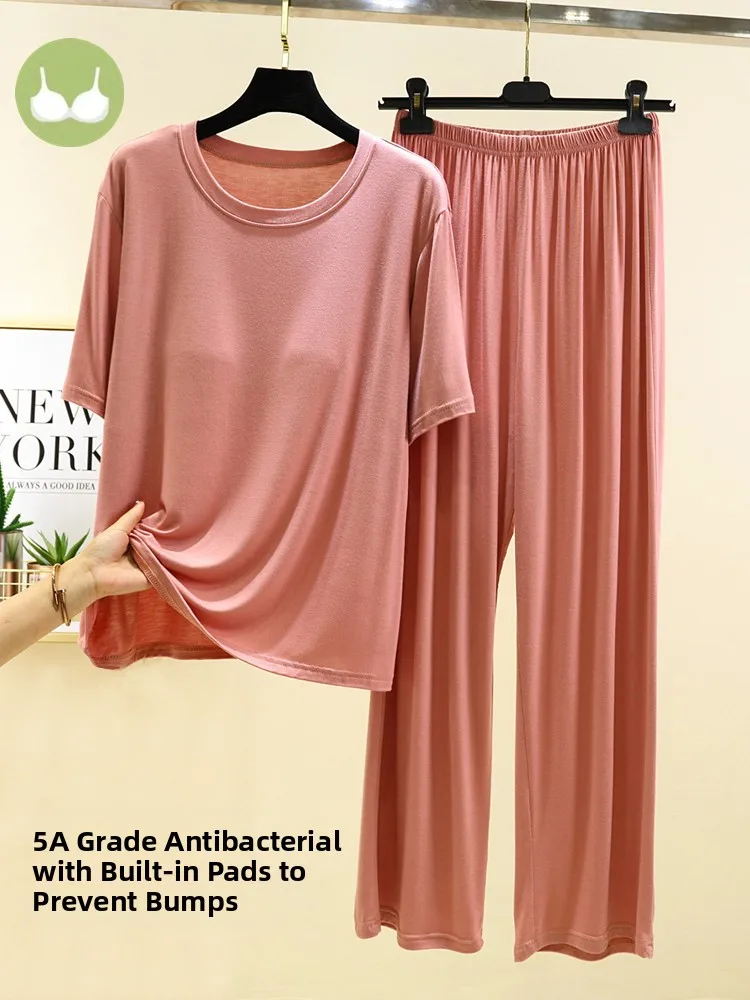 Modal Loose Short Sleeve Sleepwear Set Women's Summer Thin Home Clothes Two-Piece Set with Chest Pad Can Be Worn outside 2
