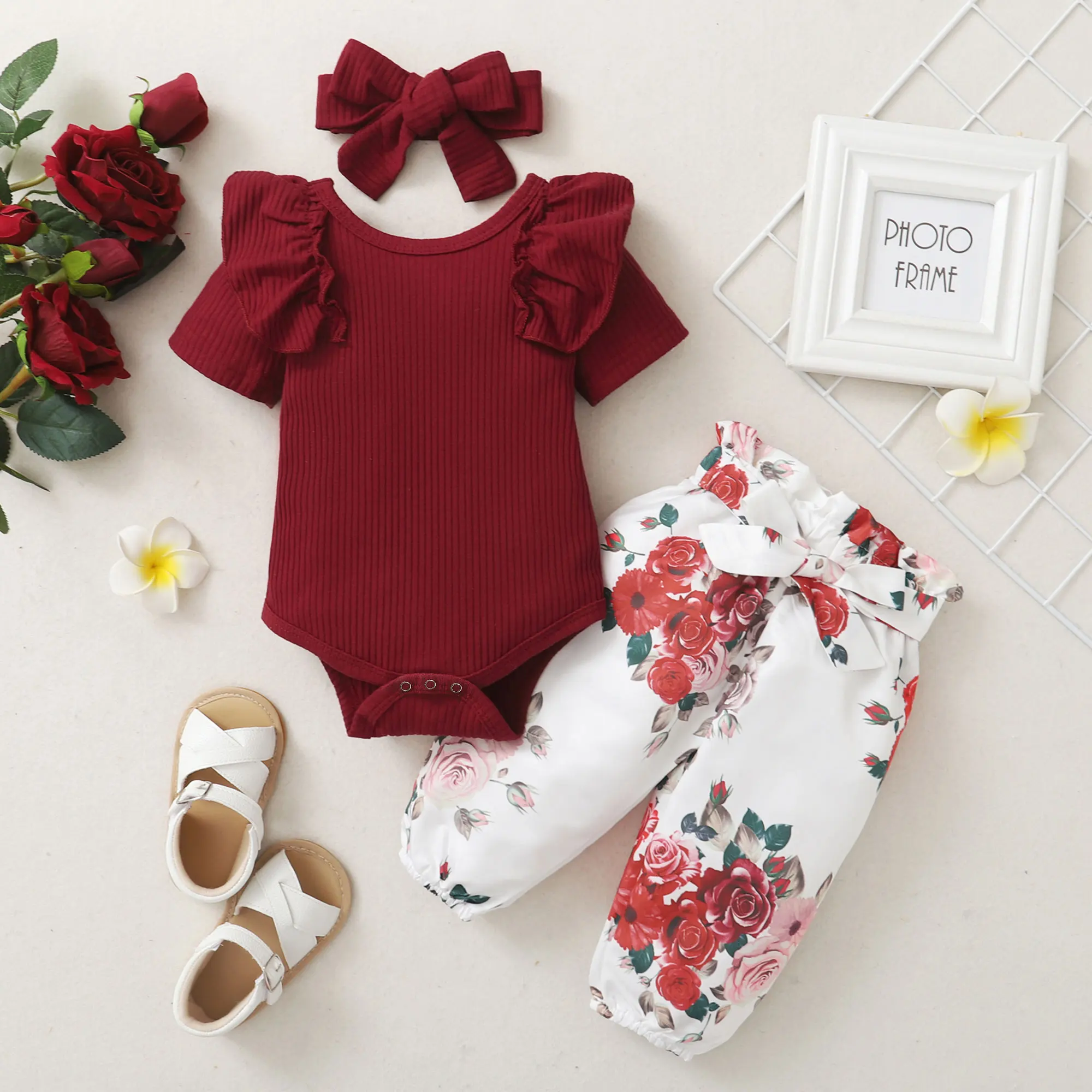 0-2 Year Old Newborn Baby Girls Summer Round Neck Short Sleeve Jumpsuit With Flower Printed Pants Cute Fashion Set