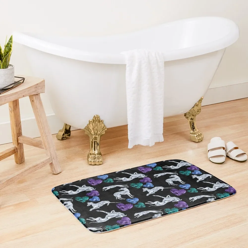 Greyhound Diamond Silhouettes with Teal, Purple and Blue Gemstone Hearts Bath Mat Hallways Household Items Non-Slip Bathroom Mat