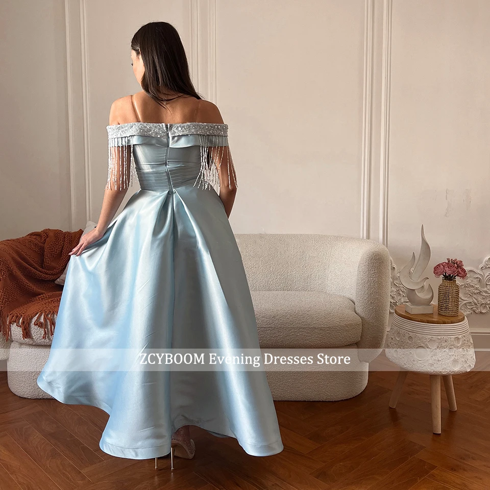 Maßgeschneidertes, luxuriöses, himmelblaues, glitzerndes, schulterfreies Abendkleid mit Pailletten, 2025, plissiertes A-Linien-Abendkleid mit U-Boot-Ausschnitt, langes Party-Abschlussballkleid