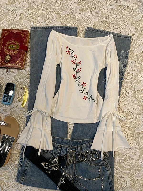 

Оригинальная белая круглая футболка Ne Dstring Tie Long Sve, женская винтажная повседневная футболка из смеси хлопка, летняя одежда