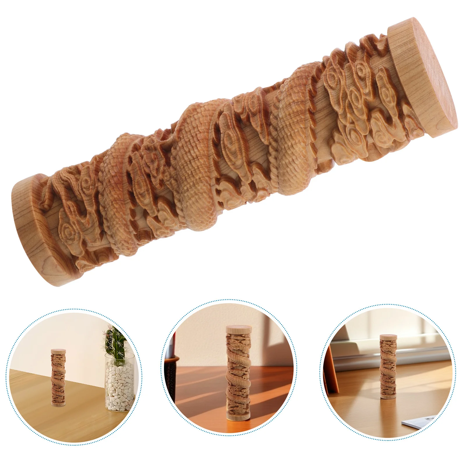

Wooden Dragon Pillar Desk Ornament Handmade 3D Carved Sculpture For Home Office Decor Chinese Style Figure Statue