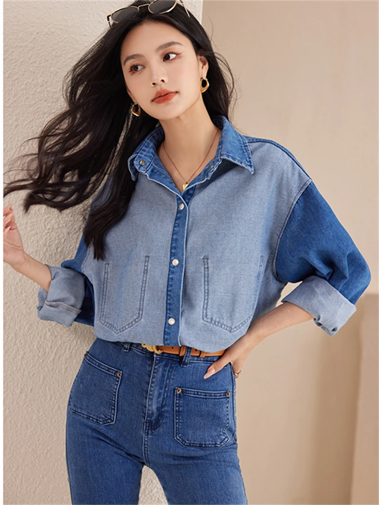 Women Blouse Female Shirt Summer Womens Blouses Spring Maxi Blusas Casual Cowboy Vintage Long Sleeve Denim Oversize Loose