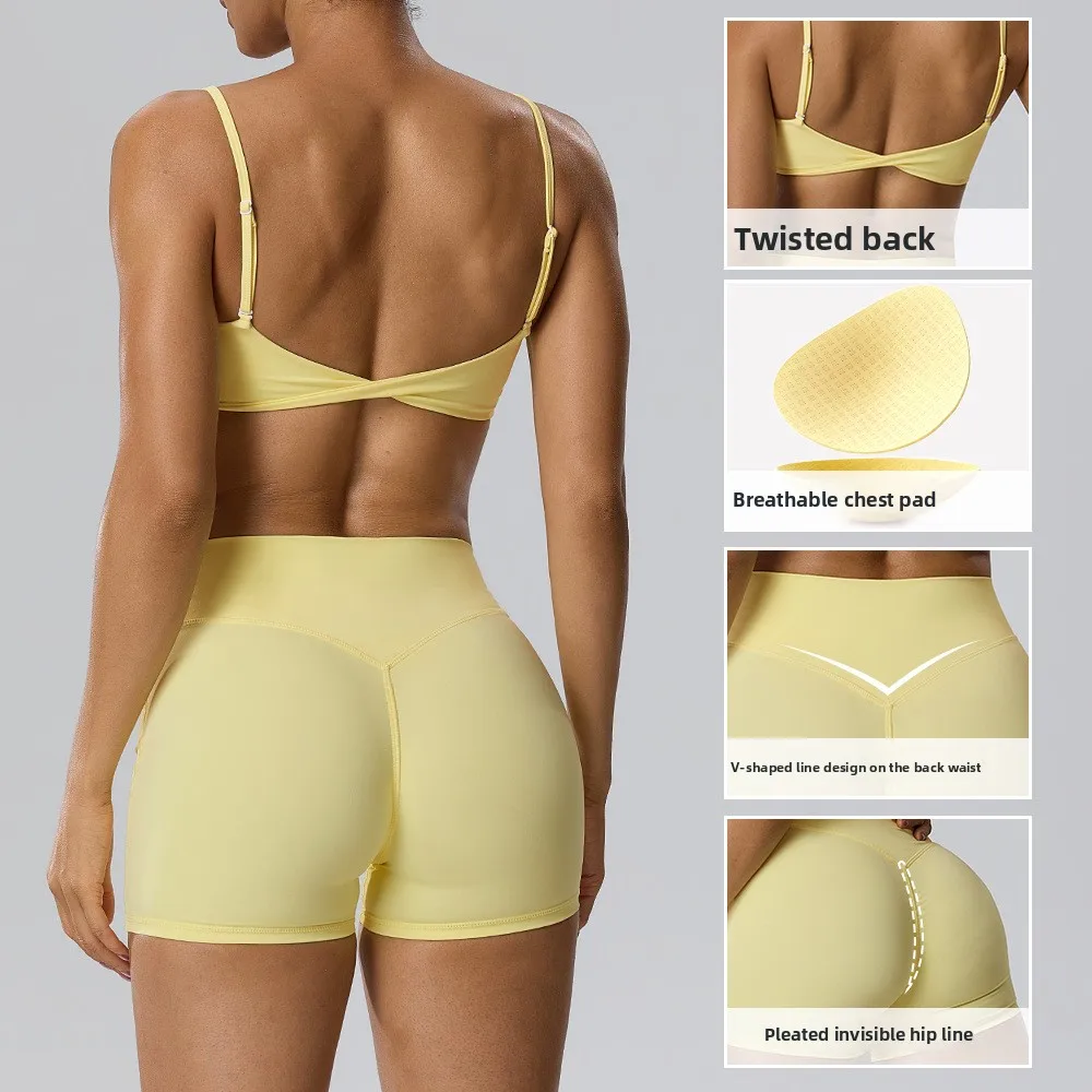 Fitness Bra with Chest Cushion, Underwear+Sports Shorts, Peach Hip yoga Three Part Pants, Sports yoga Set Fitness Training