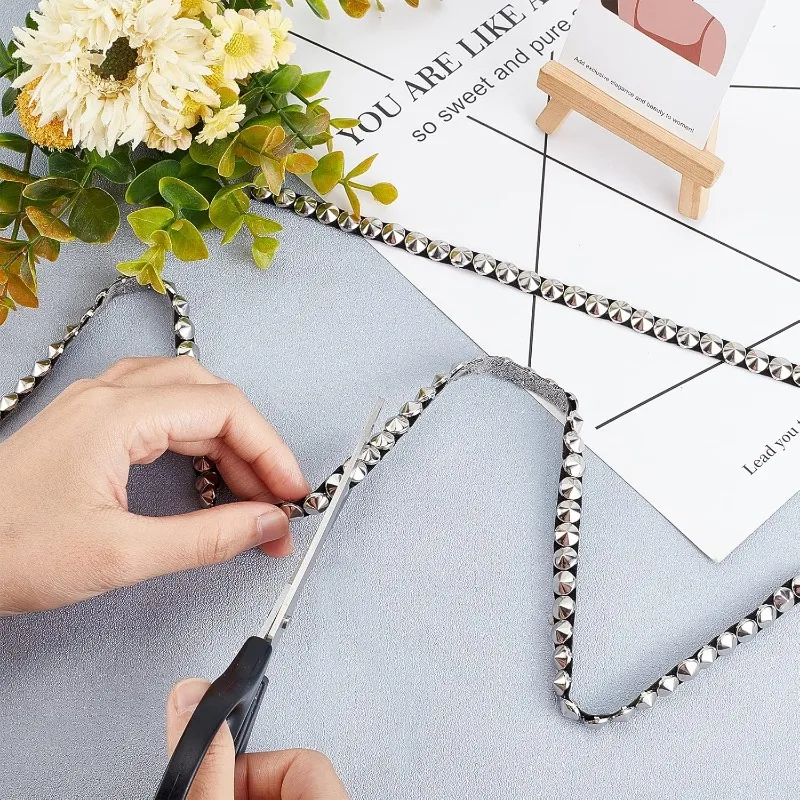 2.5 Yards 8mm Hot Fix Nailhead Trim Sliver Metal Iron-on Nailhead Trim with Black PU Leather Base Pyramid Stud Nailhead Applique