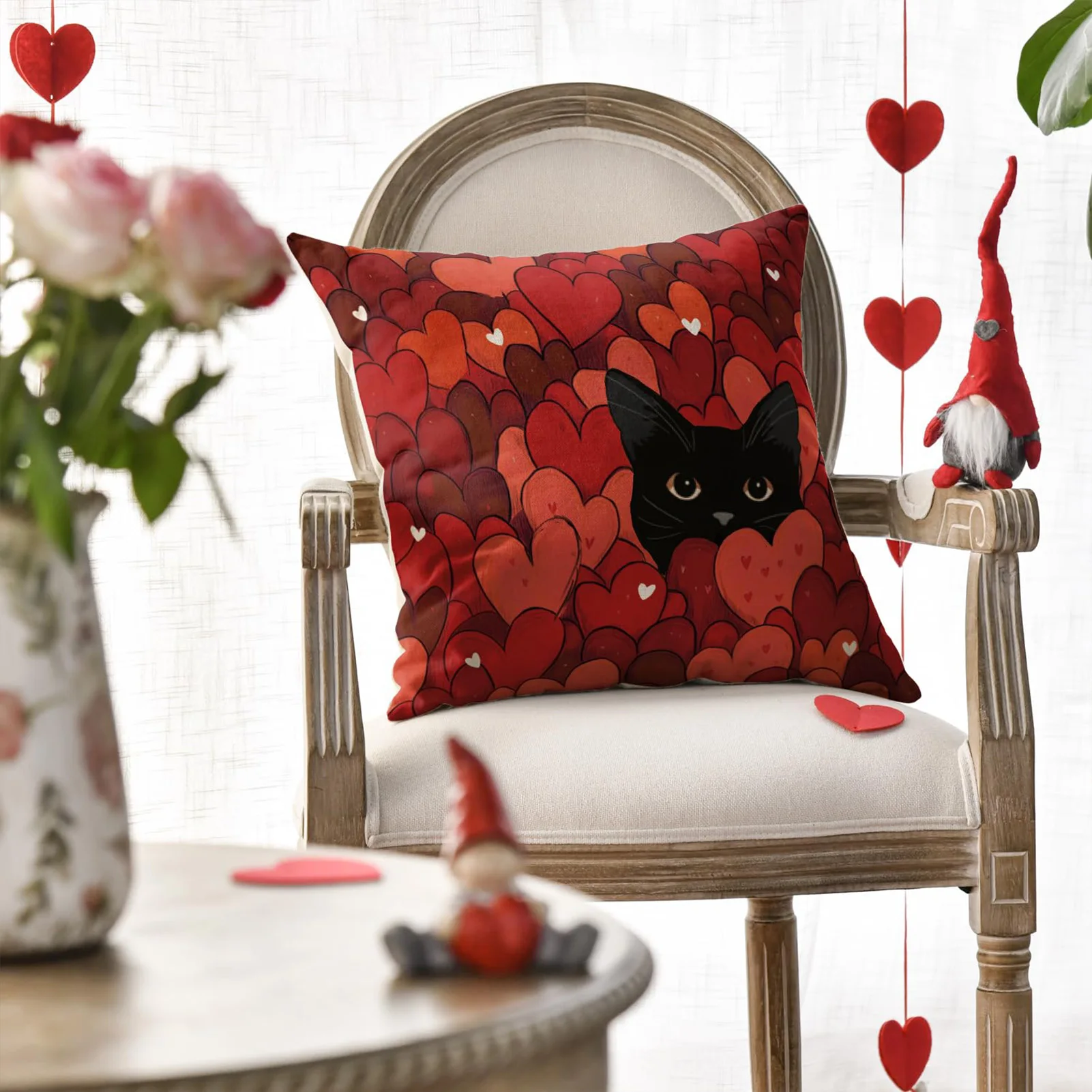 

D45cm Valentine's Day Decor Pillowcase Soft Comfortable Linen Material Decorative Pillowcase Cute Heart Cat Pattern Pillow Cover