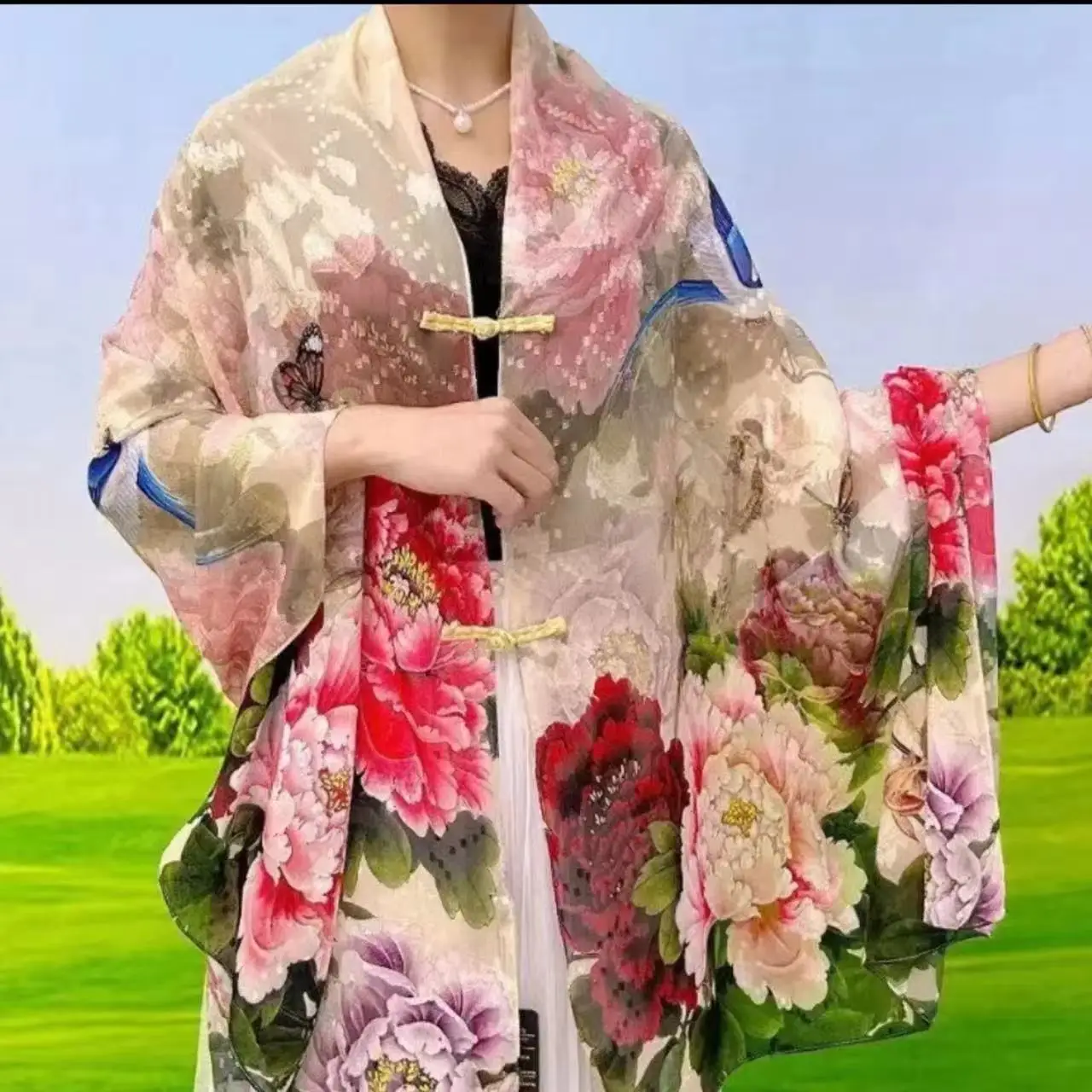 Elegant New Chinese Style Tops Traditional Floral Printing Button Long Shawl Vintage High-end Middle-aged Elderly Dance Cloak