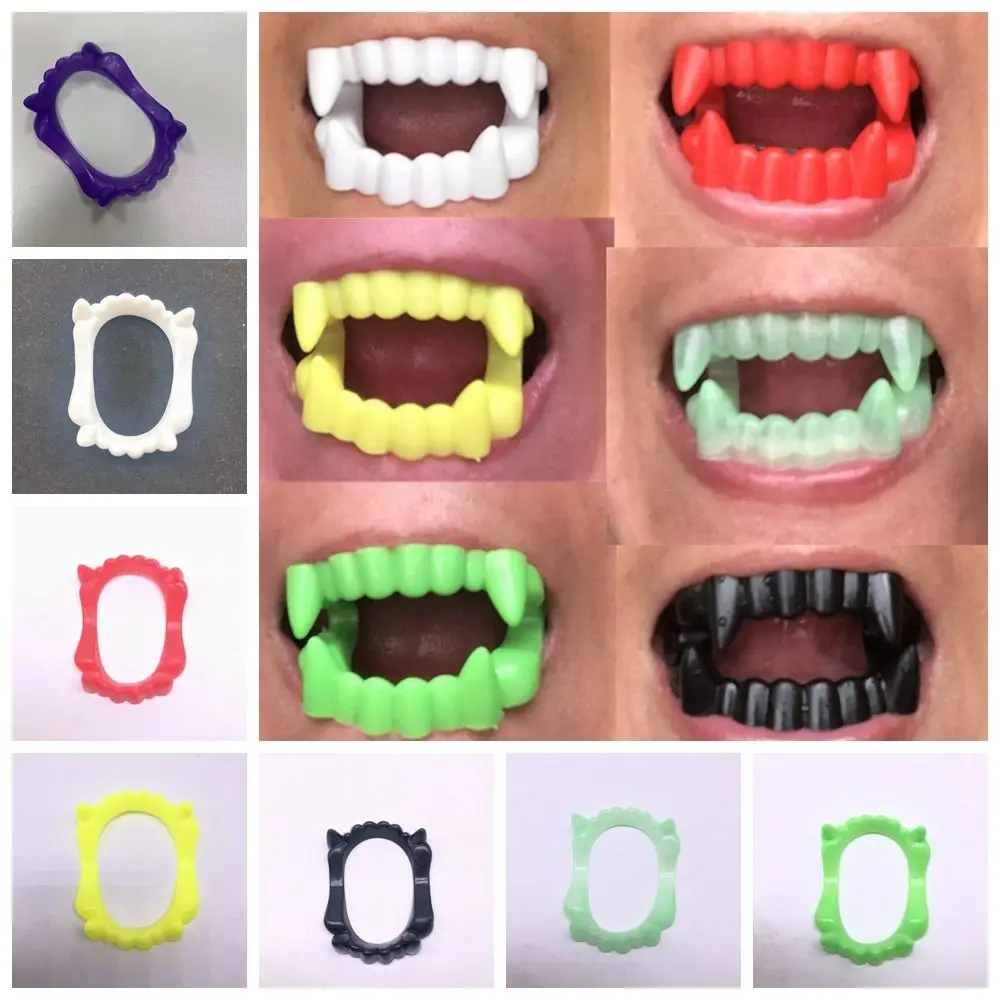 10 unids/set de dentaduras postizas luminosas con brillo aterrador, accesorio de disfraz de hombre lobo, dientes postizos de Halloween, dientes postizos de zombis de plástico Unisex