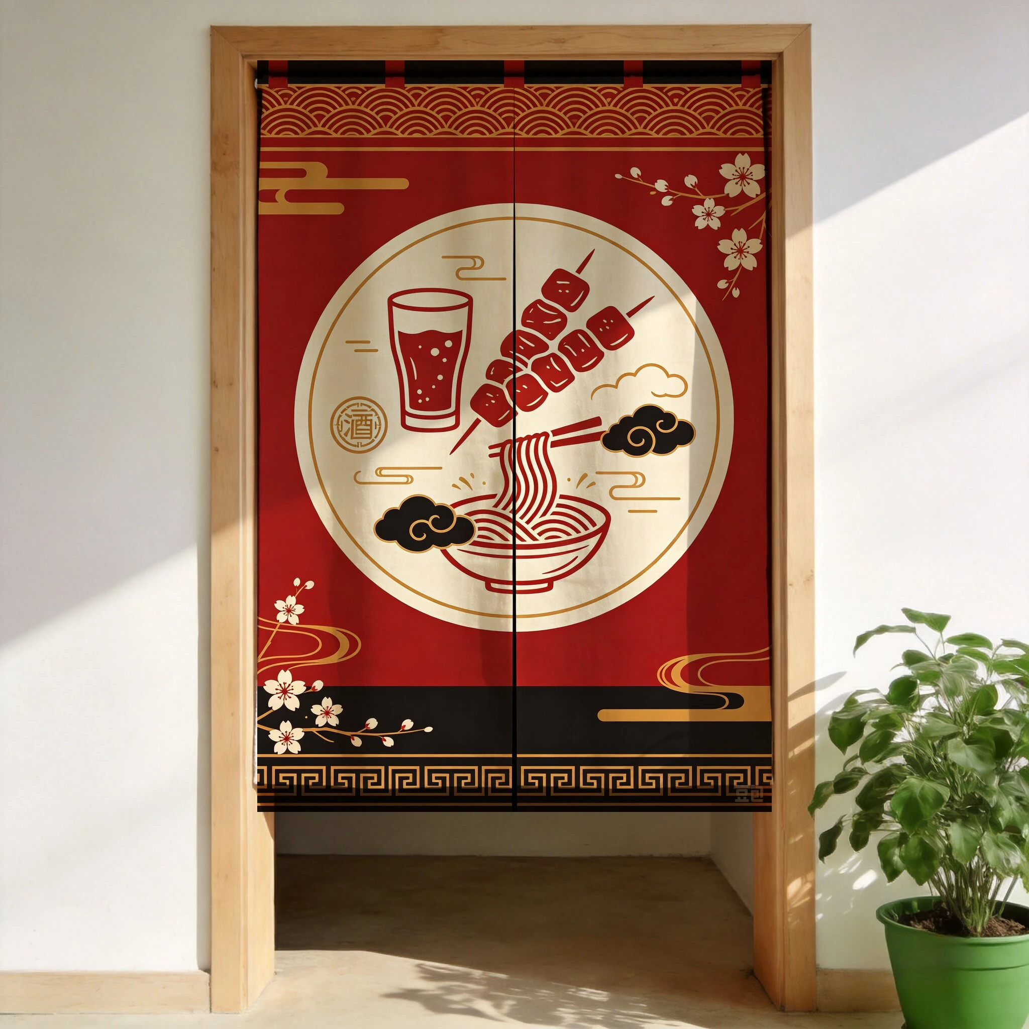 VIKAMA Red Ramen Bowl Noren Door Curtain, 6 Designs, Doorway Decor for Bedroom Living Room Kitchen