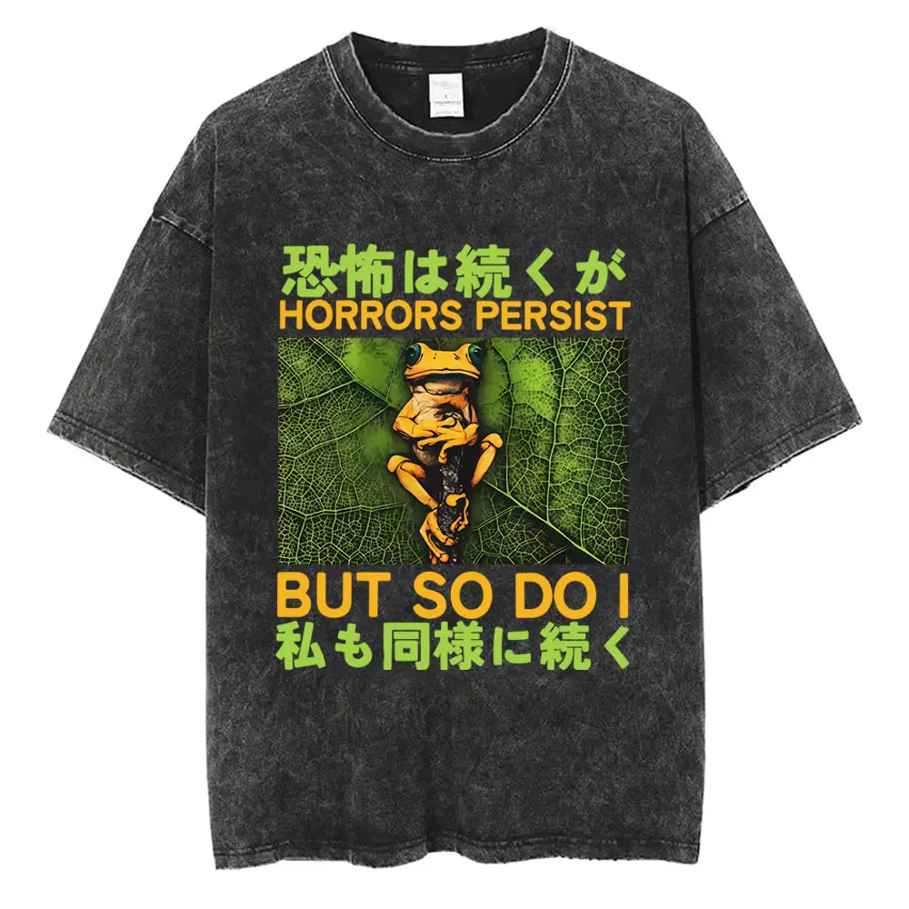 

Korrors Persist But So Do Funny Meme T-shirt Frog Japanese Style Washed Vintage T Shirt Men Women Casual Humor Oversized Tshirt