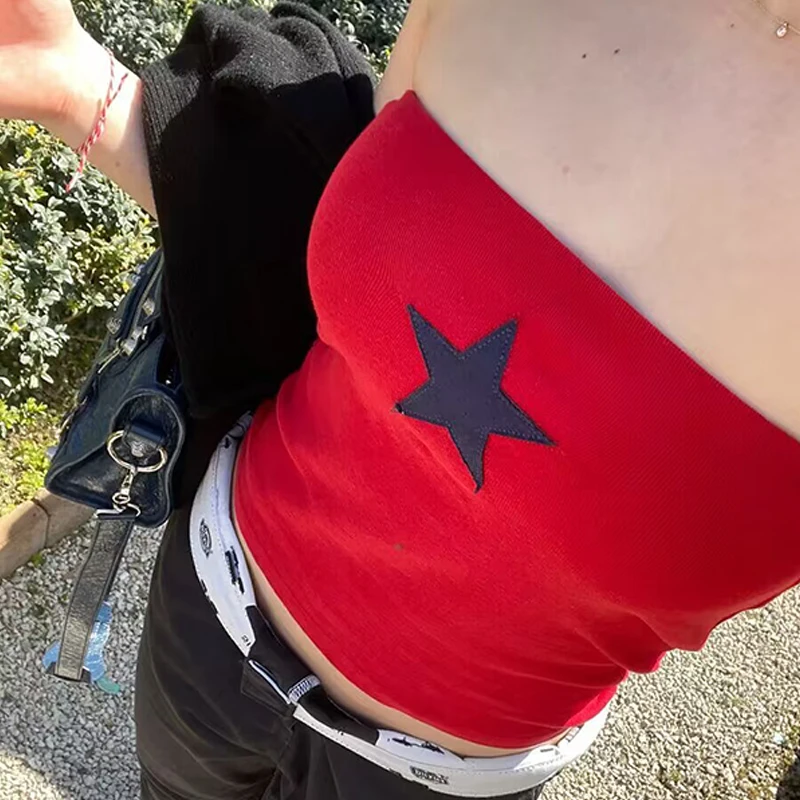 

Red Star Print Vest Vintage Aesthetics E-girls Stretch Tube Top Grunge Streetwear Corset Y2k Dress Goth Sexy Sleeveless Tank Top