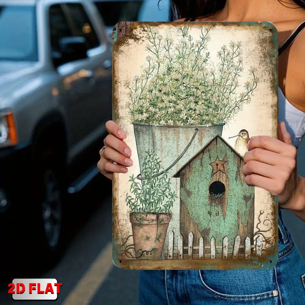 Vintage-Vogelhaus mit sitzendem Vogel-Metallschild, rustikale Wandkunst mit Topfpflanzen für Garten und Veranda, 8x12 Zoll