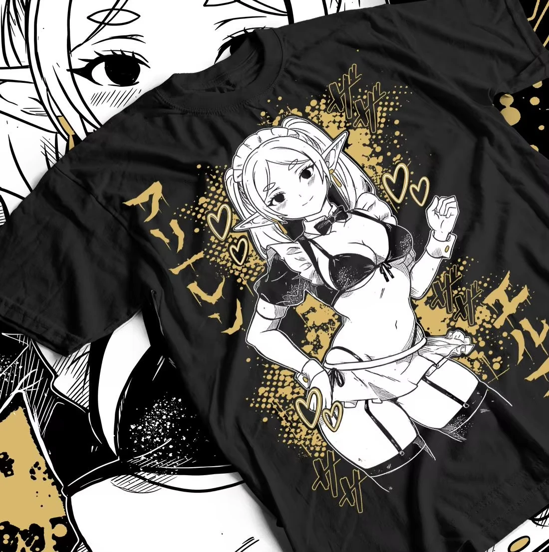 Frieren Anime Merchandise - Camiseta Negra Oversize de Algodón Suave