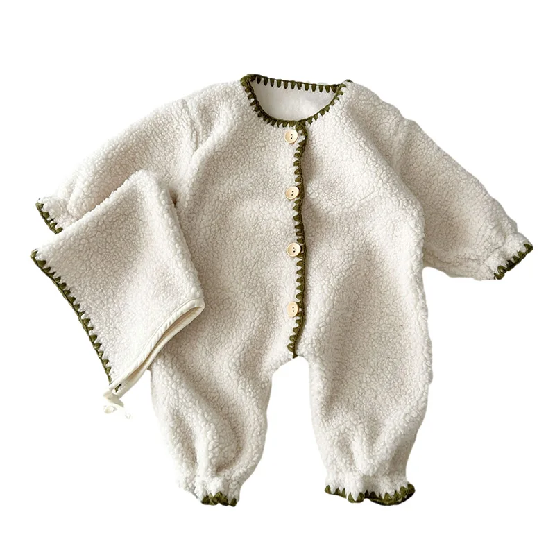 Winter Baby Romper Lamb Wool Jumpsuit Hat Set for Boys Girls Loose Toddler Infant Rompers Fashion Plush Kids Clothing 0-3 Years