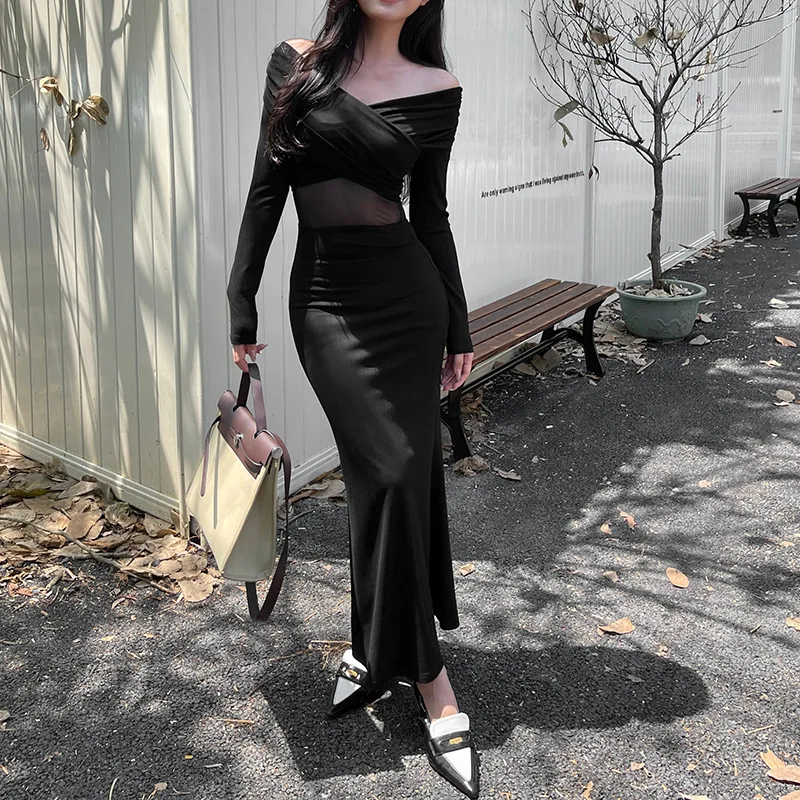 Gonna a sirena aderente nera trasparente con scollo a barchetta incrociata vintage Abiti maxi autunnali da donna delicati con giunture slim fit sexy