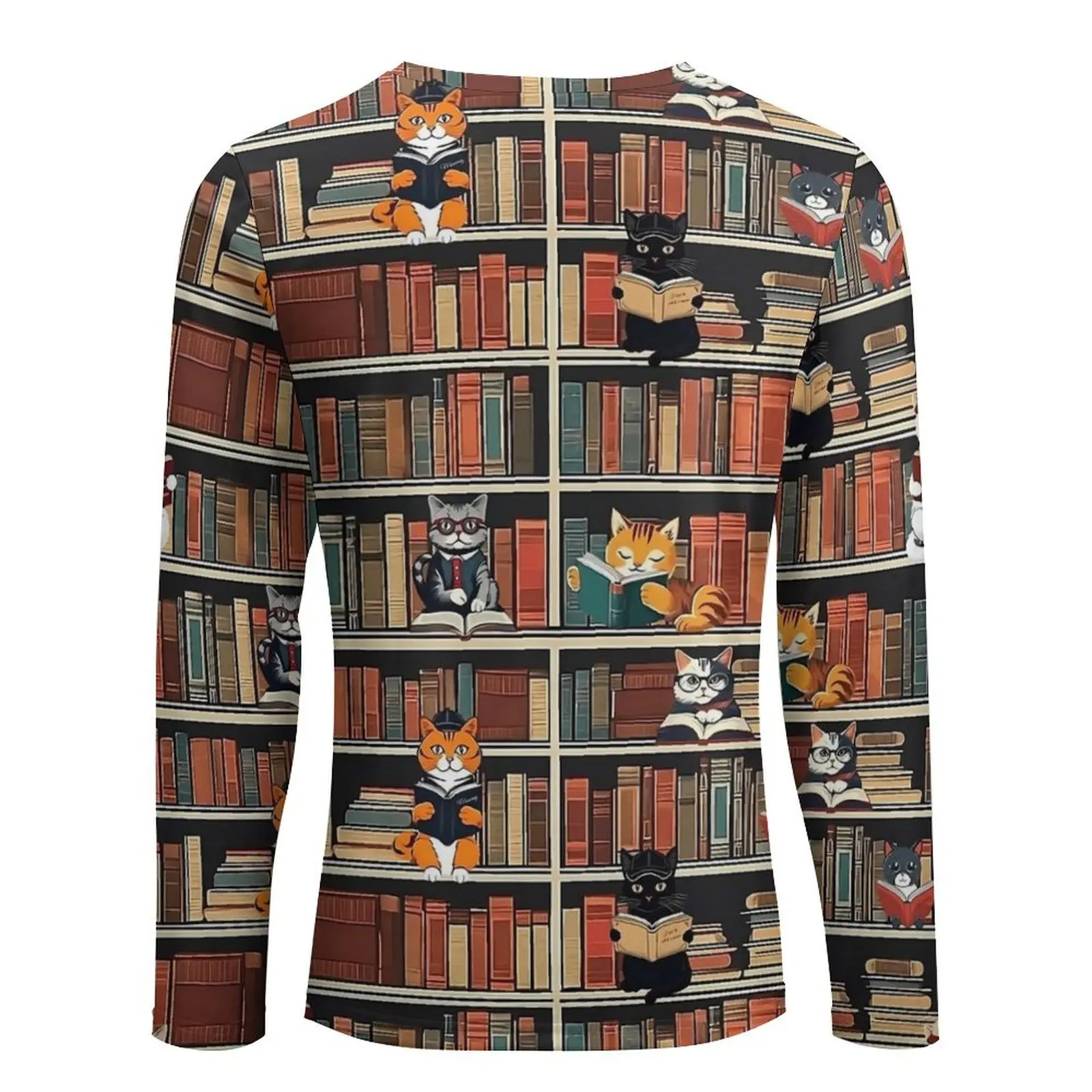 مكتبة القط الفن تي شيرت القطط والكتب رجل الموضة تي شيرت الربيع الجرافيك تيز كم طويل عادية المتضخم هدية عيد ميلاد
