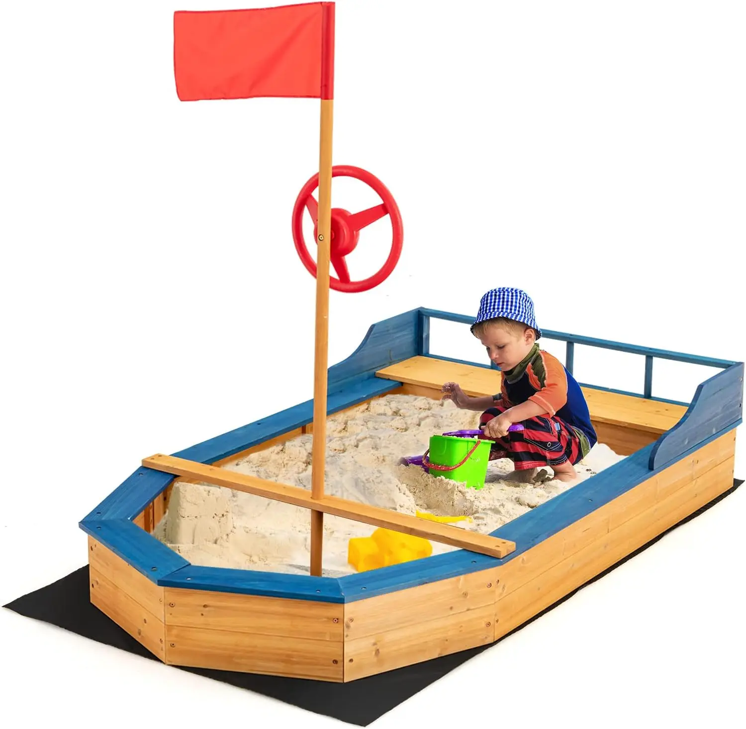 Pirate Boat Wood Sandbox for Kids, Wooden Pirate Sandpit w/Bench Seat, Storage Space, Ground Liner, Realistic Flag&Rudde