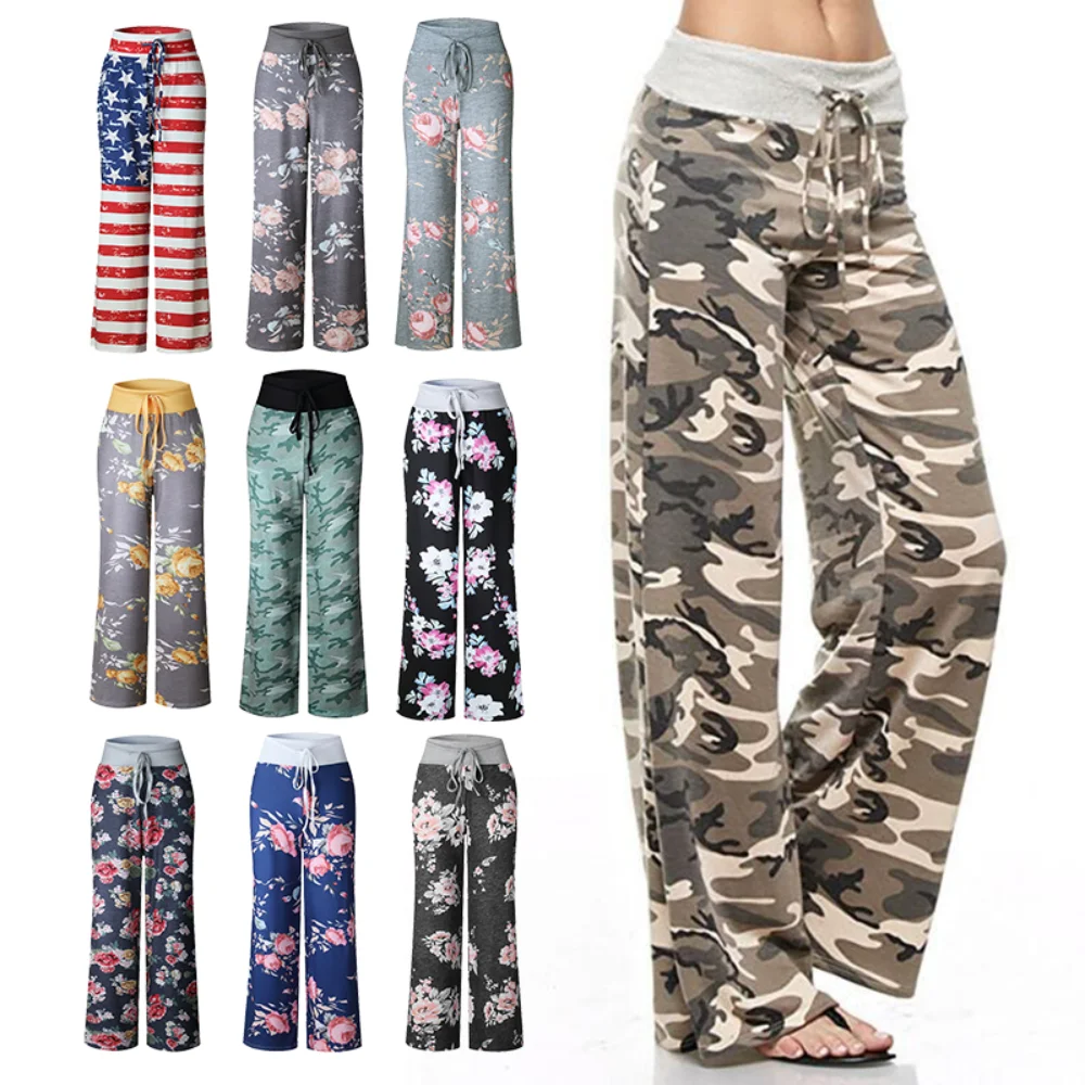 Large Casual Printed Yoga Women's Trousers Drawstring Wide Leg Pants Loose Pajamas Home Clothes Day Multiple Colors Full Length