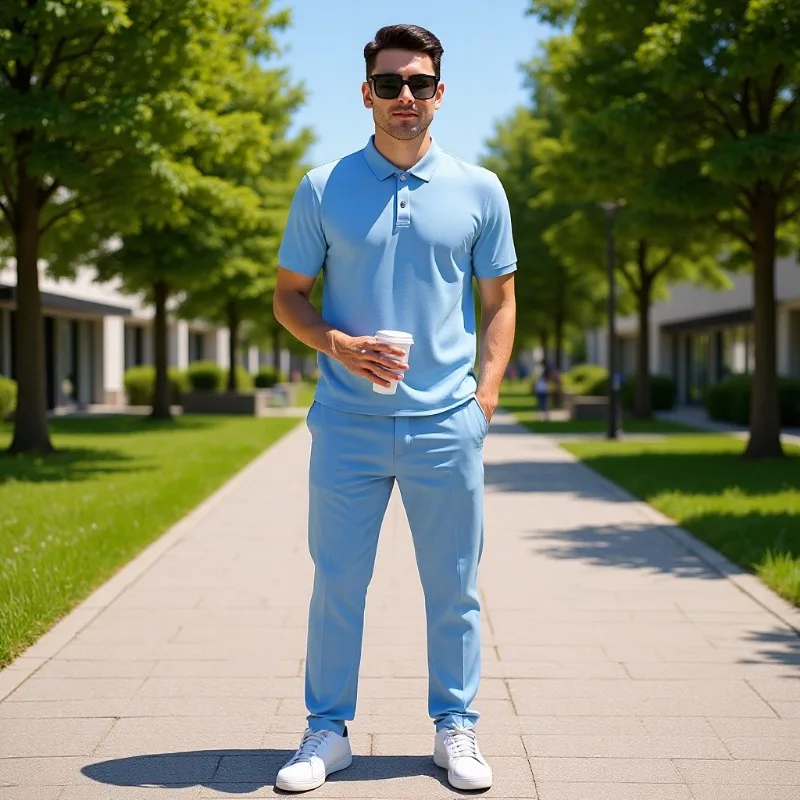 2025 Men's Casual Sports Suit Lapel Zipper Short Sleeve Pants Casual Fashion POLO Shirt Top