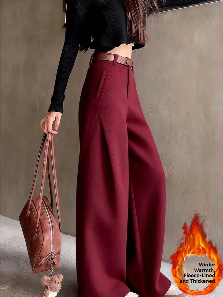 

Женские брюки с высокой талией и широкими штанинами, модные, в стиле ретро, красные, стройнящие, для повседневной носки, длинные, зимние, новинка