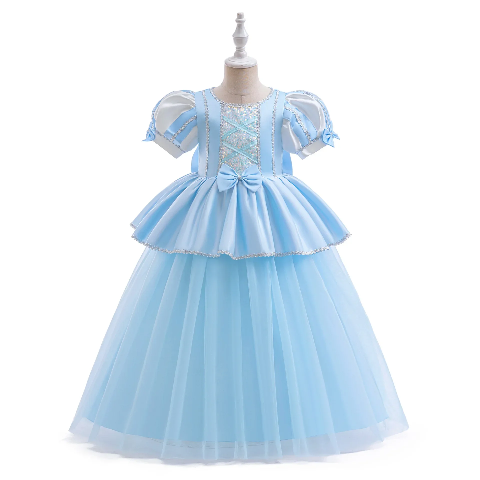 Kids Cinderella Princess Cosplay Costume Clothes Girls Sequins Dress with Crown Gloves Birthday Party Ball Gown 2-10 Years ASQ03